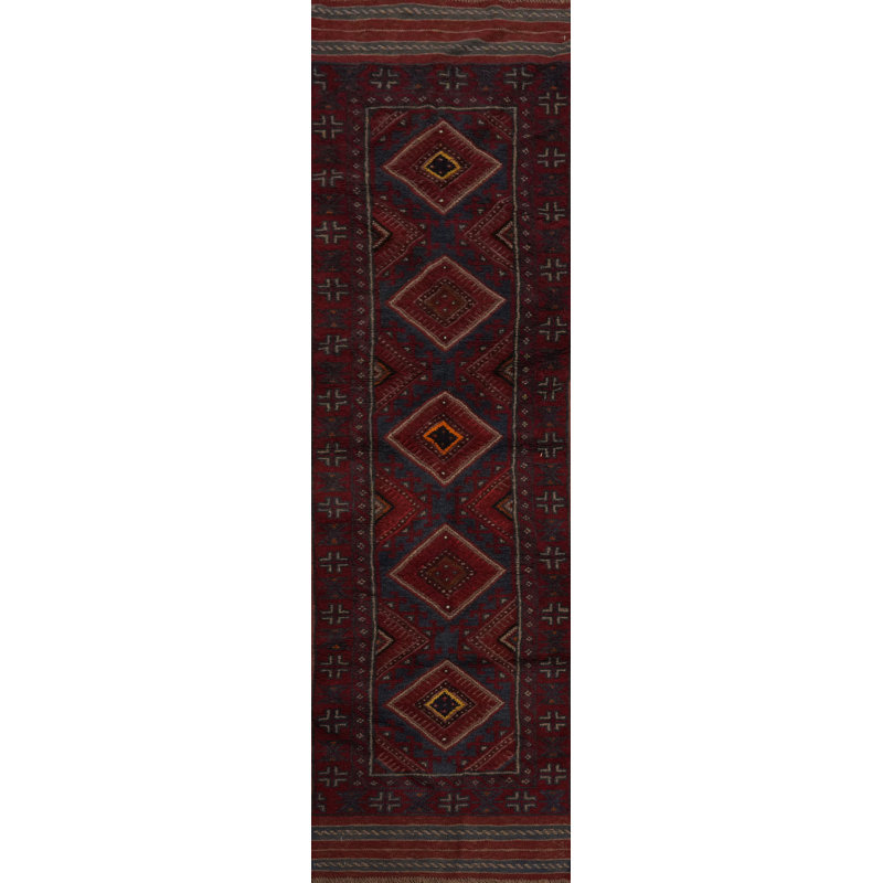 Geometric Wool Traditional Afghan Runner Rug 2x8