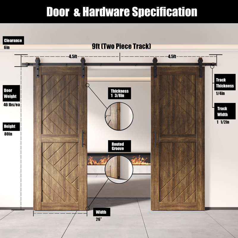 Portes de grange à motif géométrique non assemblé et fini en noyer foncé 26 po x 80 po Homacer de Homacer, 26" x 80"