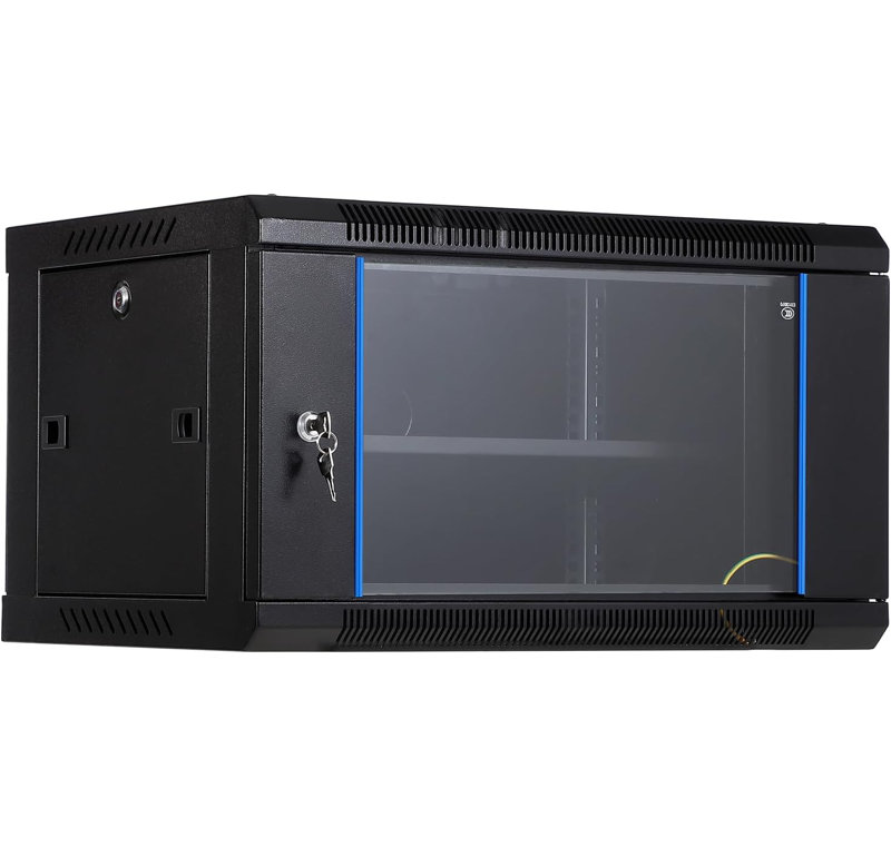 Wall Mount Network Cabinet - Server Rack Enclosure with Locking Glass Door & Removable Side Panels, IT/AV Equipment Rack for Secure Data and Audio-Visual Installations