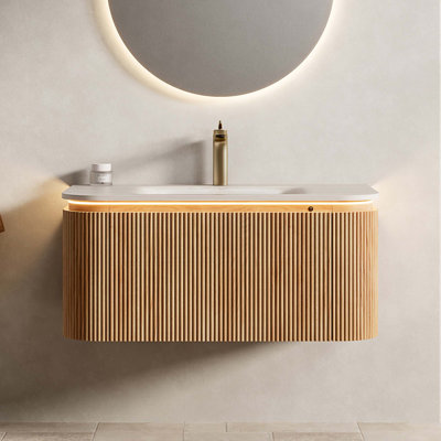 Meuble-lavabo et lavabo de salle de bain, armoire rayée à bords arrondis avec tiroir, capteur de lumière, lavabo intégré en pierre frittée à motif de travertin intégré, pré-assemblé