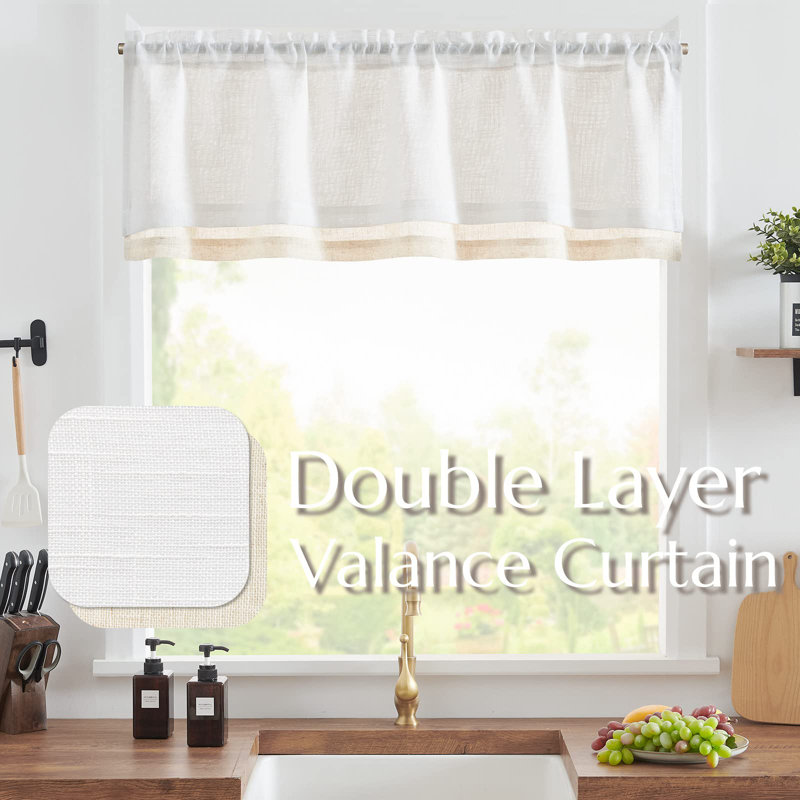 Linen Farmhouse Rod Pocket Double Layer Valance Kitchen Curtain, White/Beige