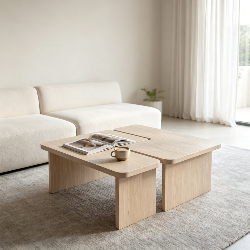 Ensemble de 2 tables basses modulables en travertin, ensemble de tables gigognes en forme de L, table d'angle séparable pour petits espaces et salon, beige crème