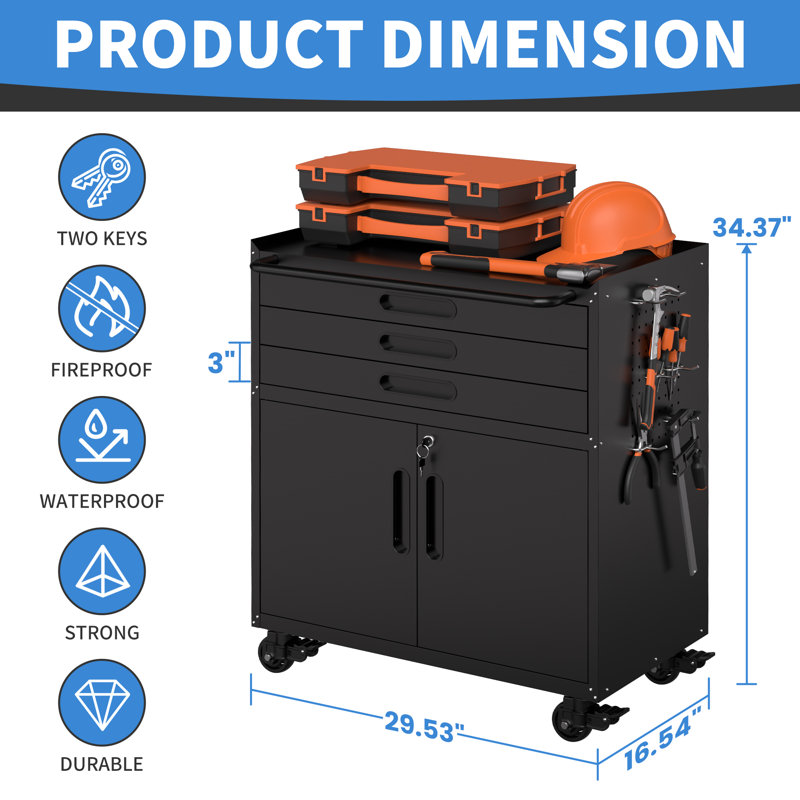Armoire à outils robuste 34,3 "avec portes verrouillables et 3 tiroirs, rangement de garage mobile tout en acier et établi