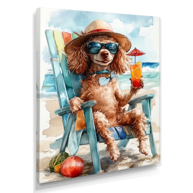 Caniche brun sur la plage relaxant, Toile tendue, 32" H x 24" W