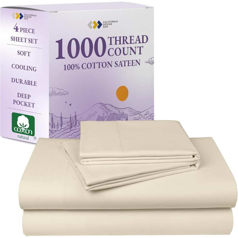 Queen Bed Sheets Set - Luxury 1000 Thread Count Sateen, Thick And Natural 100% Cotton Sheets Queen Size, Deep Pockets, Durable Bedding Set - Ivory