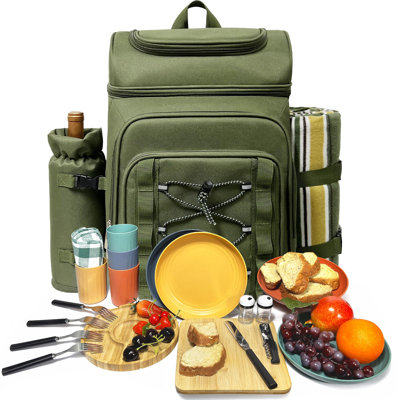 Picnic Basket Backpack For 4 Person With Blanket, Insulated Leakproof Cooler Compartment, Wine Holder, Cutlery Set, Engagement Gifts For Couples, White Elephant Gift Ideas, Green