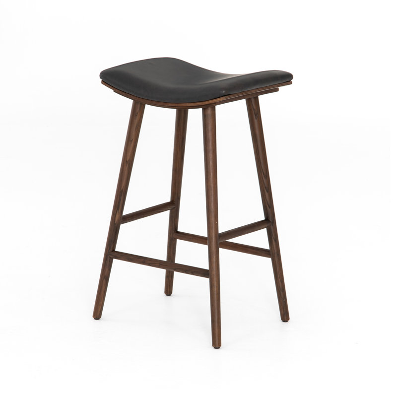 Union Wallis Belfast Solid Wood Stool, Counter Stool (26" Seat Height), Faux Leather - Distressed Black/Warm Parawood