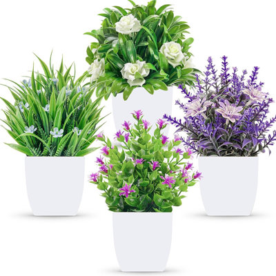 Paquet de 4 petites plantes artificielles - décorations printanières pour centre de table, bureau, maison, salle de bain et bureau