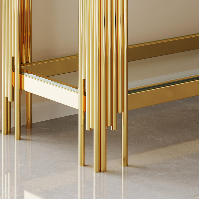 Console avec verre trempé double couche, cadre en acier inoxydable au fini miroir doré, style moderne et élégant