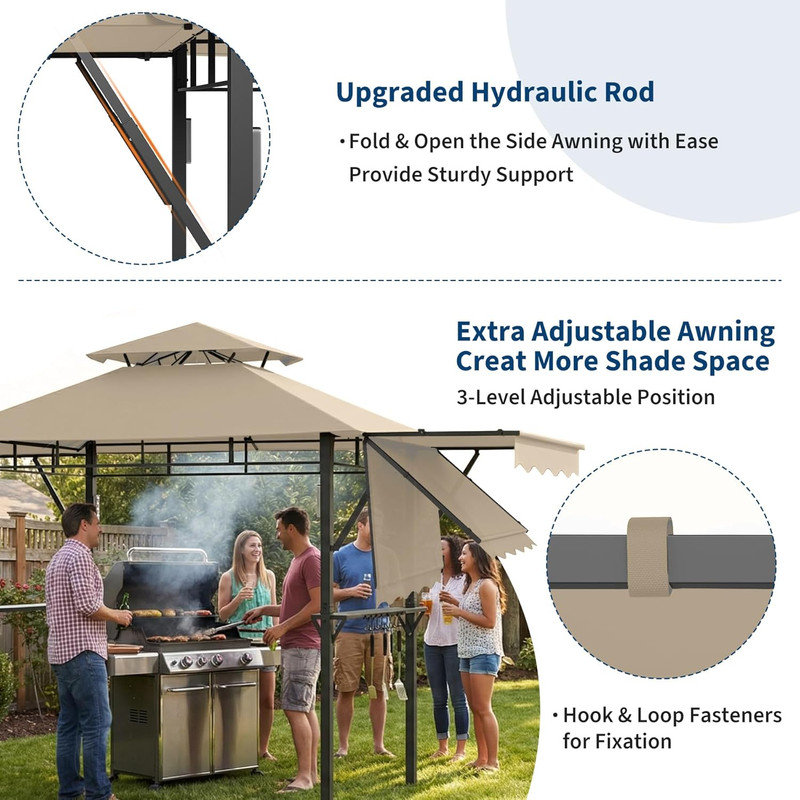 13x4 ft Double-Tier Grill Gazebo with Dual Side Awnings, 4 LED Lights, 10 Hooks & Bottle Opener, Heavy Duty Steel Frame for Patio, Garden, Beach
