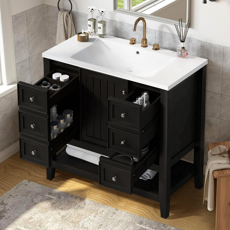 Meuble-lavabo 36 po avec lavabo en céramique, Noir