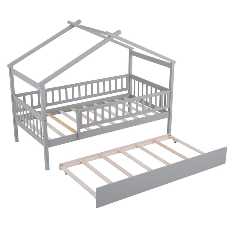 Lit simple en bois avec lit gigogne, Gris