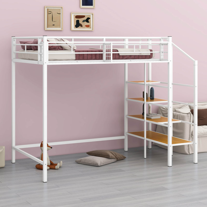 Twin Size Metal Loft Bed With Upper Grid Storage Shelf & Lateral Storage Ladder, White