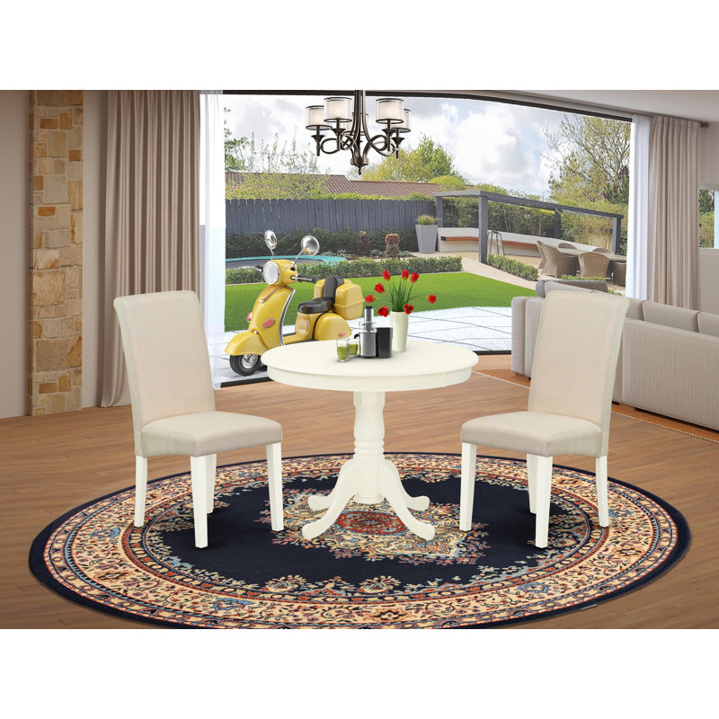 3 Piece Dinette Set for Small Spaces Contains a Round Kitchen Table with Pedestal and 2 Cream Linen Fabric Parson Dining Chairs, Linen White