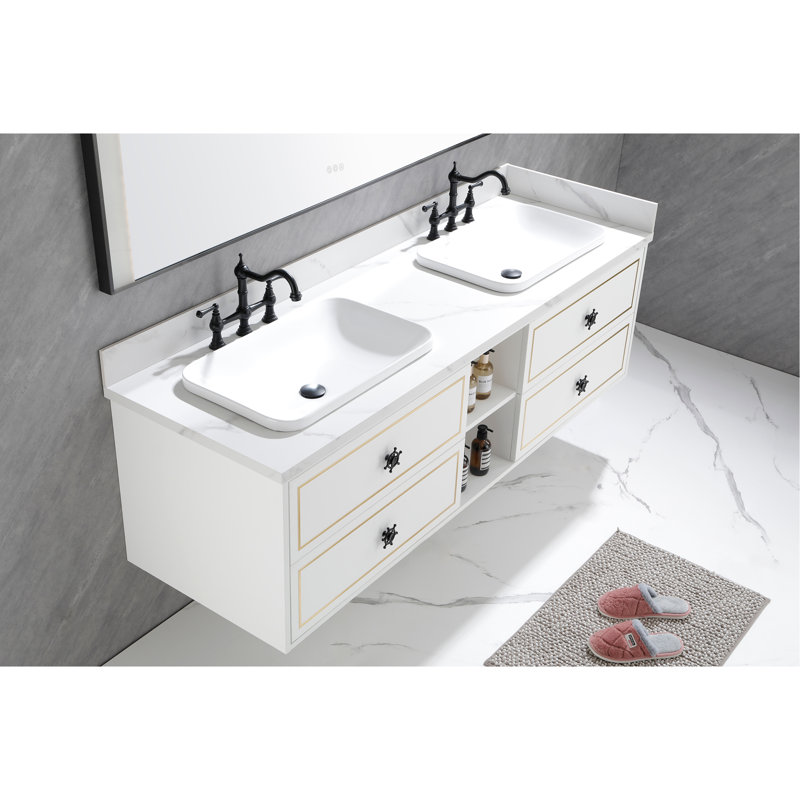 Double Bathroom Vanity with ABS+Steel(Q235)+Wood+PVC Top, 72" W