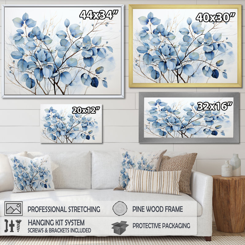 Art mural bleu et gris avec feuilles sur une branche III - feuilles, Cadre simple noir, H 16 po x l 32 po x P 1 po