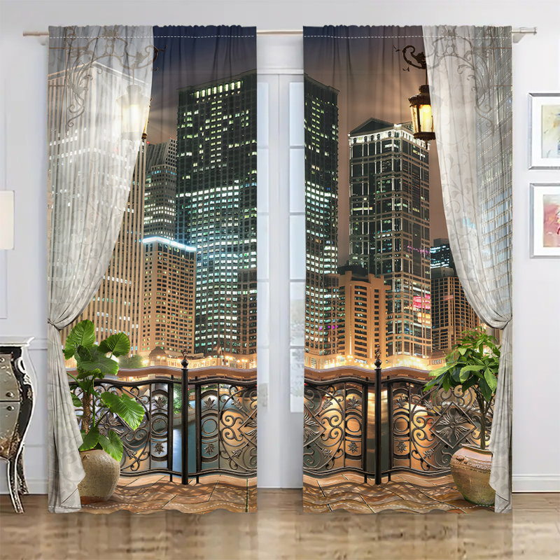 2Pcs City Skyline Window Curtains Modern Urban Landscape Night View Sheer Drapes Balcony Cityscape Pattern Rod Pocket for Living Room Bedroom Dining Home Office Decor