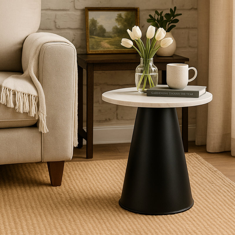 Table de bout latérale Riko, plateau rond en marbre naturel blanc de 18 po, base piédestal moderne noir