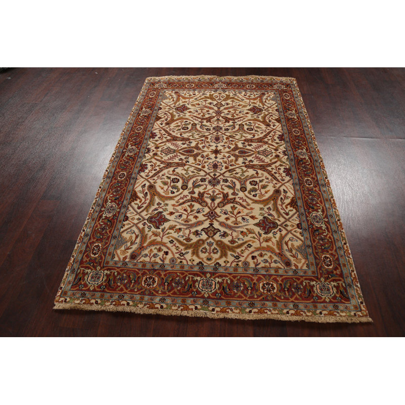 Tapis ivoire en laine noué à la main de conception unique 4 pi 1 po x 6 pi 2 po New Age