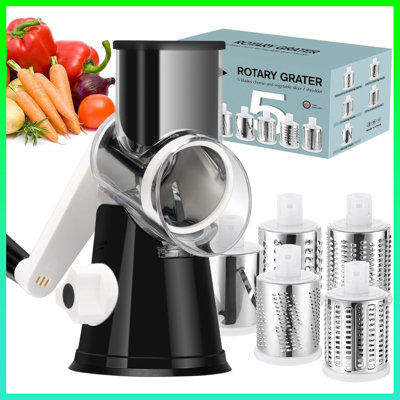 Râpe à fromage rotative 5 en 1 - Déchiqueteuse à manivelle pour fromage, légumes, noix et plus! Rapide, facile et amusant - Comprend 5 pales pour trancher, déchiqueter et râper, noir