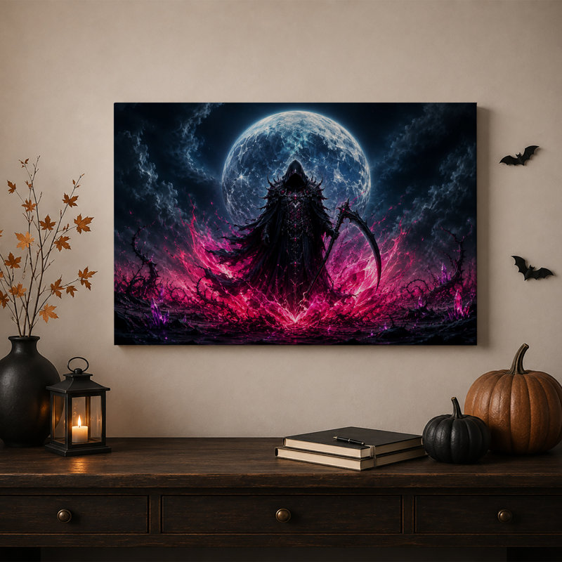 Personnage sombre encapuchonné tenant une faux sur toile rose lumineuse, art mural d'Halloween, H 36 po x l 48 po