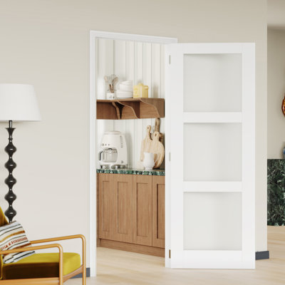 Prehung Door 3 Lite Frosted Glass Interior Door White Solid Manufactured Wood With Adjustable Jamb & Hardware
