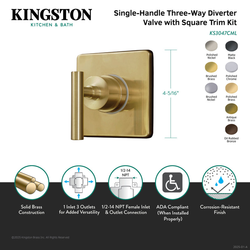 Kingston Brass Manhattan Single-Handle Wall Mount Three-Way Diverter Valve with Trim Kit, Antique Brass