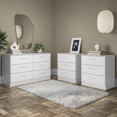 Montigny Modern 3-Piece Bedroom Set: 6-Drawer Dresser & Two 3-Drawer Chests