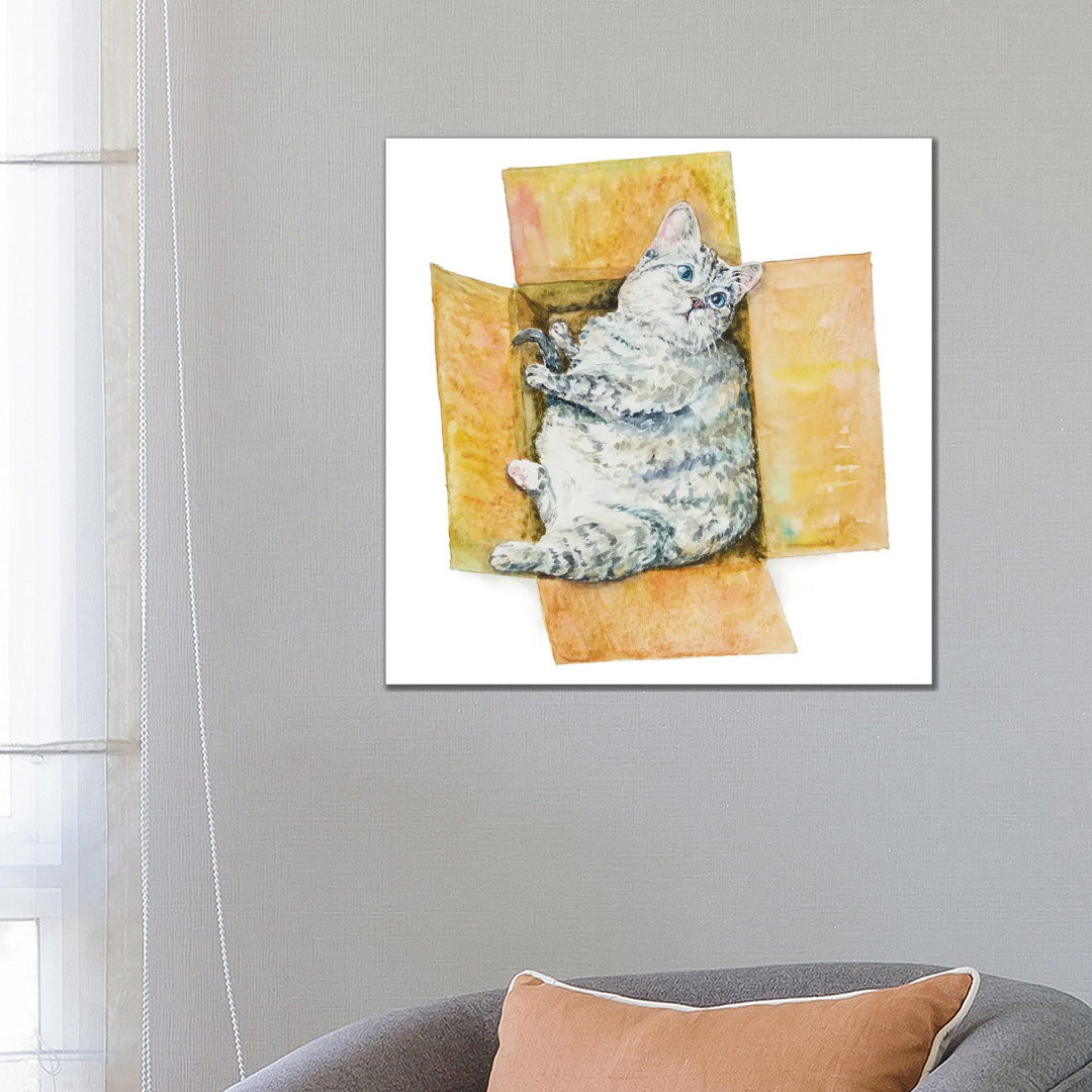 Fat Cat In The Box by Alexey Dmitrievich Shmyrov - Wrapped Canvas Print