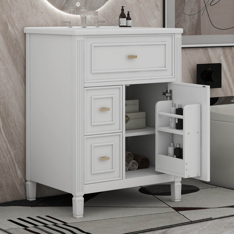 Meuble-lavabo de 24 po avec lavabo, tiroir basculant, supports de rangement et tablette réglable, Blanc