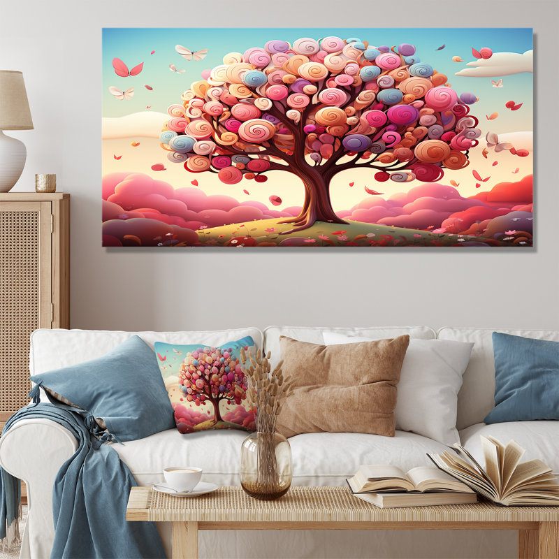 Popart, arbre magique rose et bleu - arbre, art mural, Cadre d'angle fermé doré, H 30 po x l 40 po x P 1,5 po
