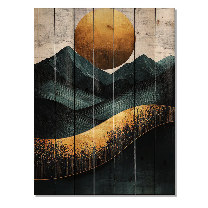 Lever de soleil sur les montagnes émeraude dorées, horizon IV - paysage de montagnes, art mural en bois