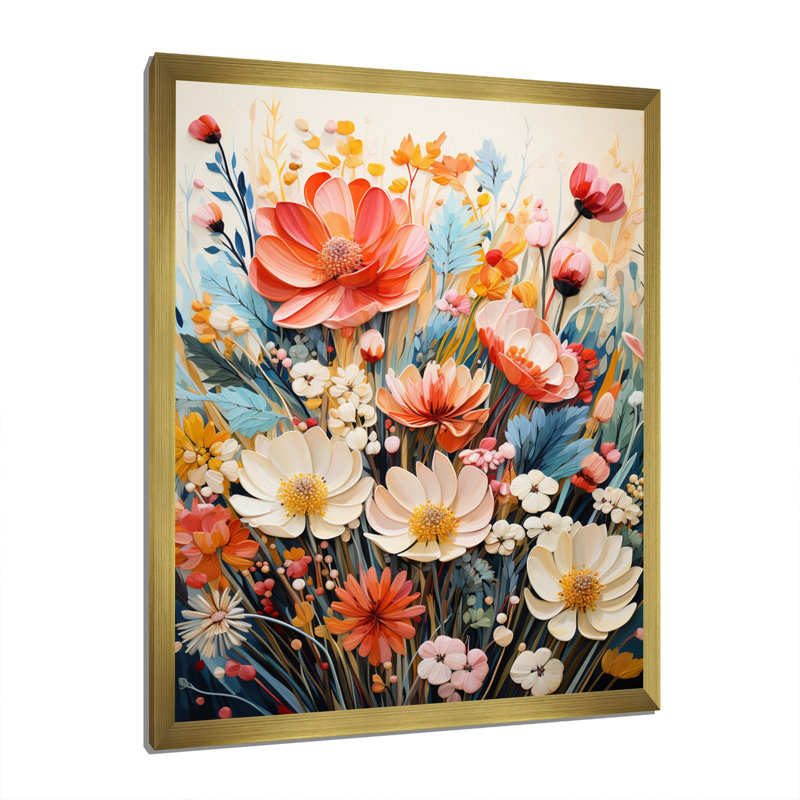 Multicoloured Flowers Collage II - Floral Wall Decor, H 20 po x l 12 po x P 1 po, Encadrement doré