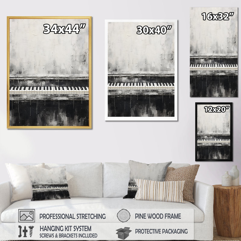 «Black and White Piano Keys Midnight Black» sur toile imprimée, Toile tendue, H 20 po x l 12 po x P 1 po