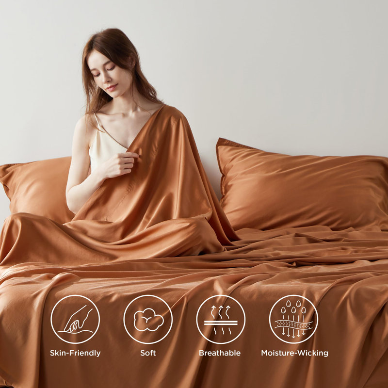 Ensemble de draps en coton et eucalyptus, Ensemble de drap très grand avec un drap-housse e, Terracotta