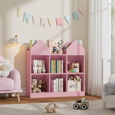 2pcs House-Shaped Bookshelf for Kids, Double Roof Bookcase with 8 Storage Compartments, Floor Standing 3-Column 2-Tier Shelf for Bedroom Playroom
