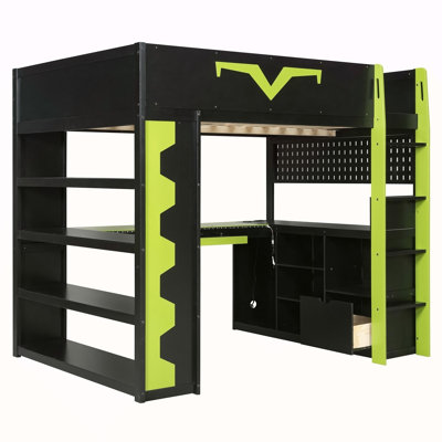 Lit mezzanine double avec bureau intégré et lumières à DEL RVB, lit Pro-Gamer avec prise de courant, grande bibliothèque, panneau perforé, plateau à clavier et tiroir de rangement, 3 couleurs disponibles, vert