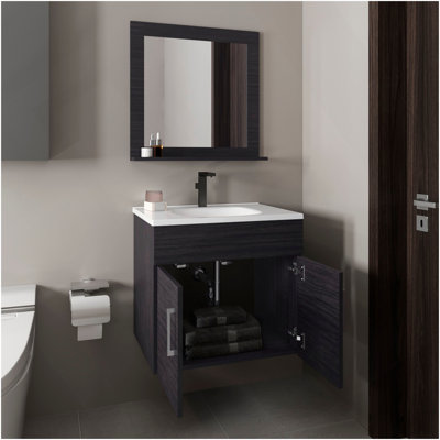 Bathroom Set, Vanity Sink + Mirror, 2 Doors, 1 Shelf, 1 Mirror, Black Wengue