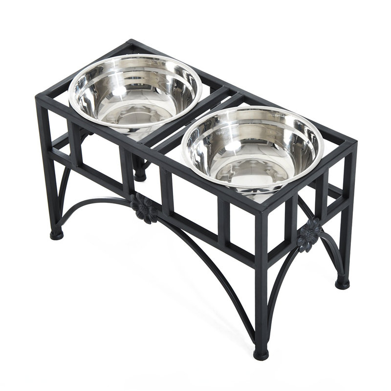 Elevated Double Stainless Steel Pet Feeding Station with Iron Frame
