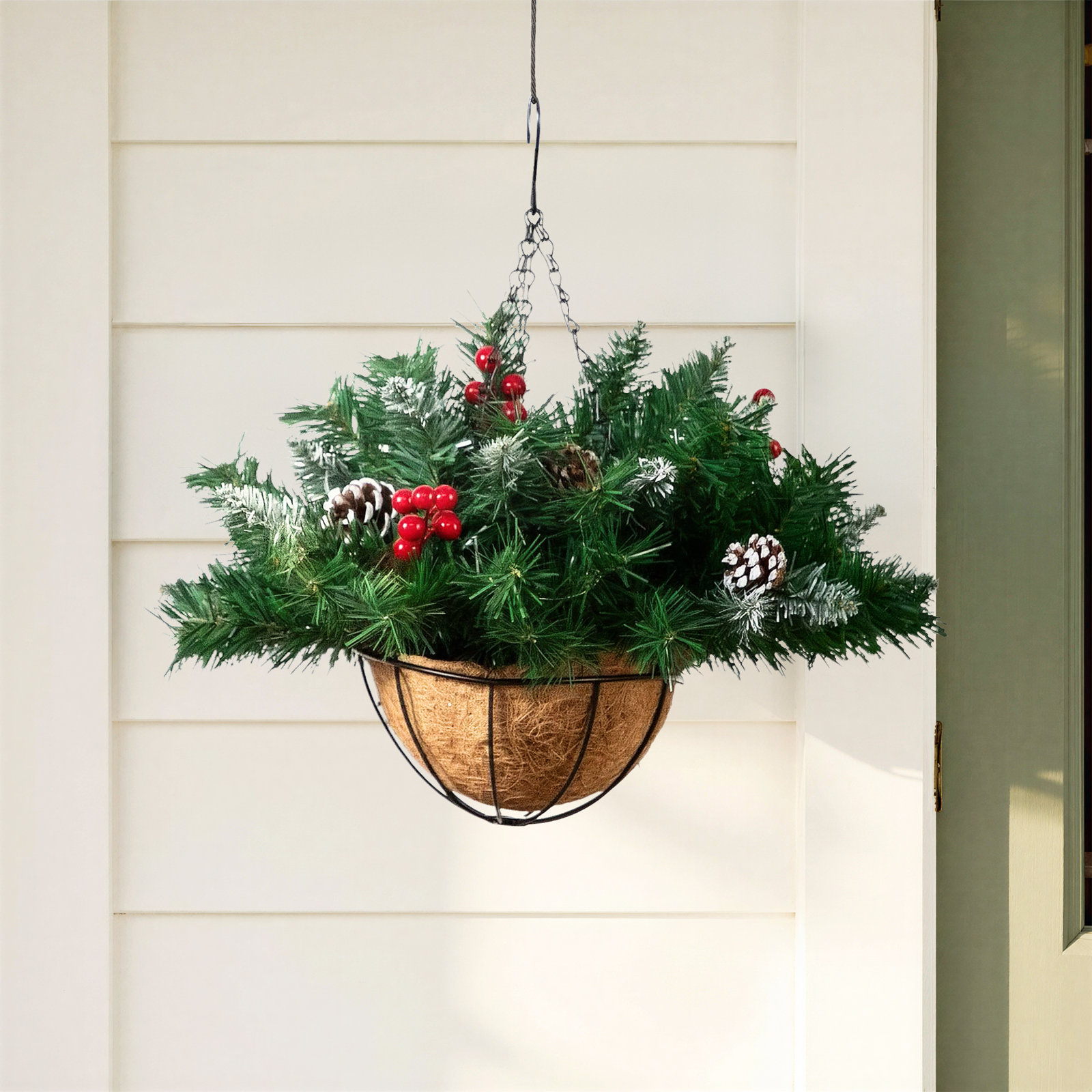 16in. Pre-Lit Artificial Pine and Berry Hanging Basket with White LED Lights