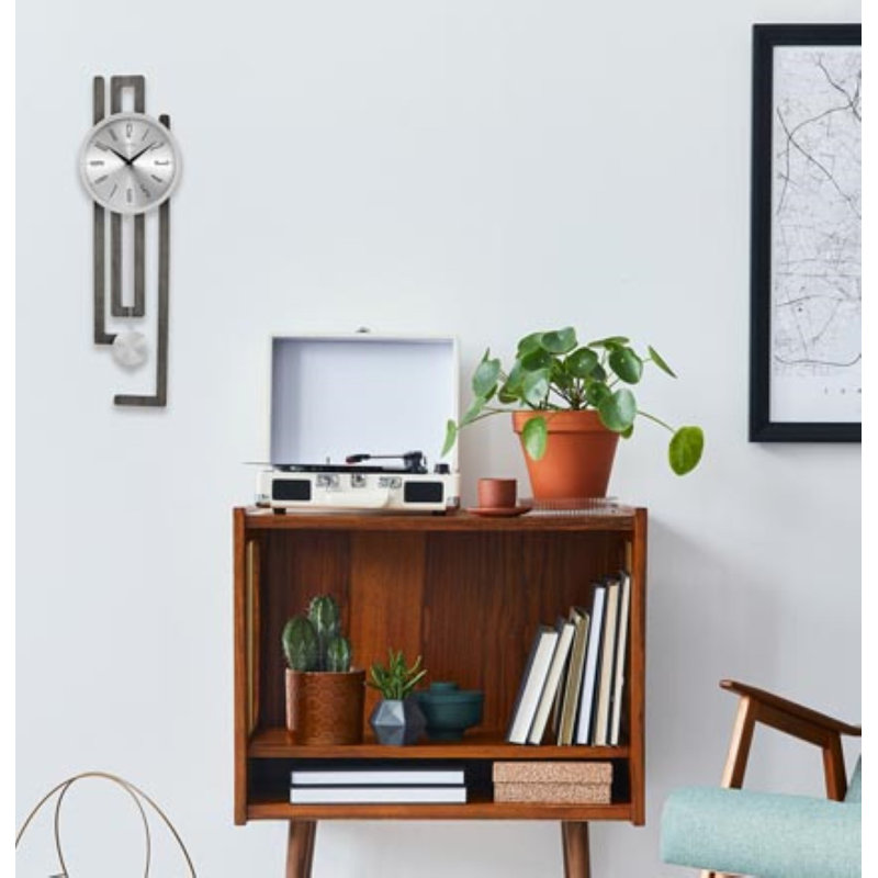 Newport Modern Pendulum Wall Clock with Silver Dial & Wood Frame, C3384