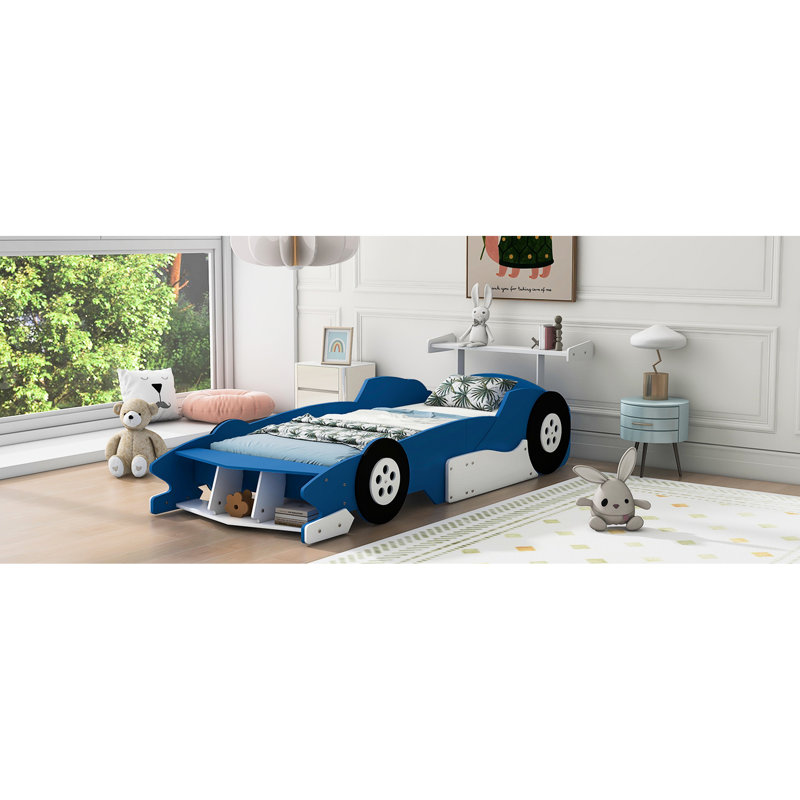 Twin Size Race Car Platform Bed With Wheels, Blue - Solid And Design Car-Shaped Wheels In Dependable Quality, Blue