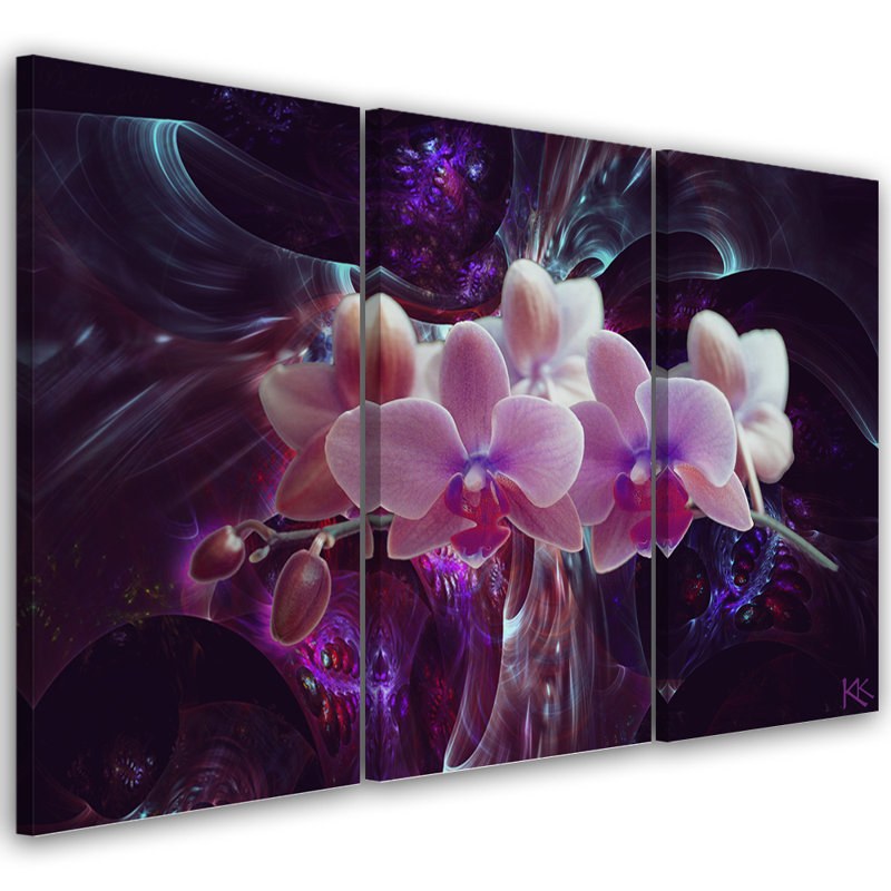 White Orchid On A Dark Background - 3 Piece Wrapped Canvas Print Set, 60cm H x 90cm W