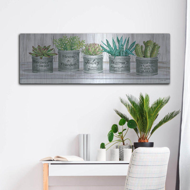 «Galvanized Pot Succulents II» par Cindy Jacobs, art mural en métal, 36 po x 12 po, H 16 po x l 48 po