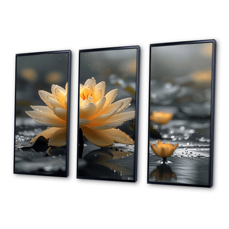 Étang de lotus tropical gris beige avec photo I - lotus, Toile avec cadre flottant noir, H 28 po x l 36 po x P 1 po