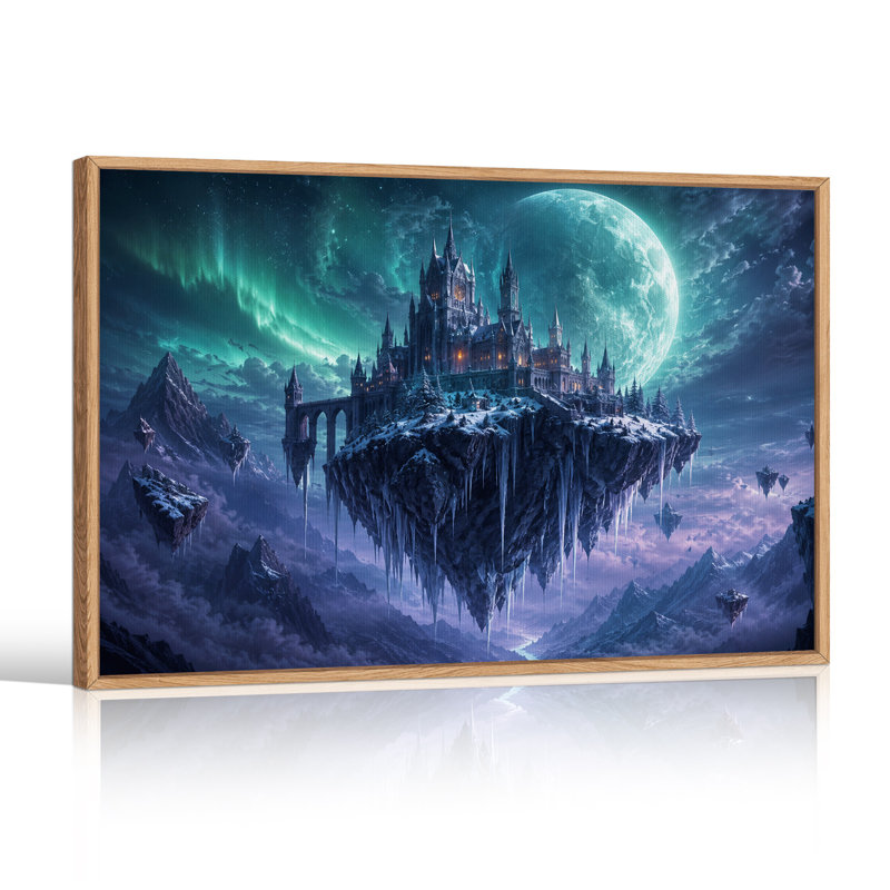 Château flottant sur une île enneigée sous une lune géante - Toile murale d'Halloween, H 24 po x l 36 po
