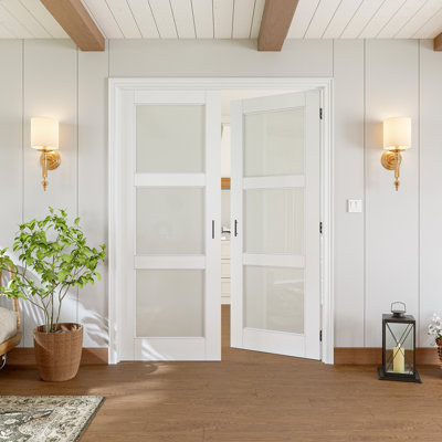 Interior 3-Lite Glass French Door White Primer Frosted Solid Core With French Door Accessories(Ball Catch)