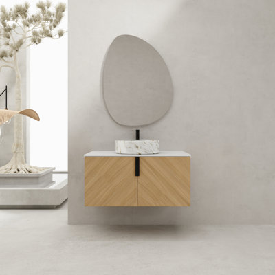 Meuble-lavabo de 36 po avec lavabo d'art en céramique et dalle de pierre artificielle, porte à fermeture en douceur, montage mural, contreplaqué (emballage KD)