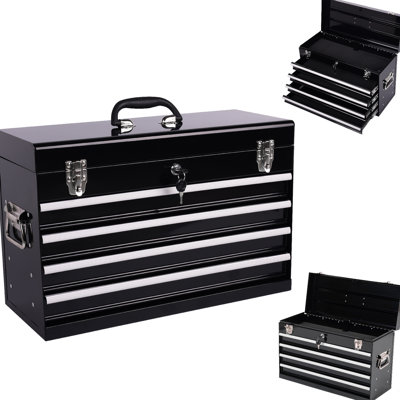 21 - Inch Portable Metal Tool Box With 4 Drawers, Bearing Tracks, Padding To Keep Tools Quiet Heavy Duty Liners, Locking System, Slides For Smooth Use