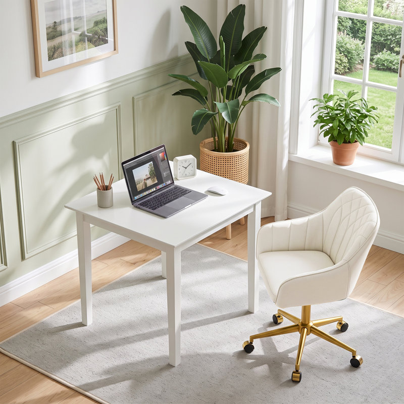 Ensemble de bureau et chaise pour bureau à domicile, bureau d'ordinateur carré blanc avec ensemble de chaises de bureau rembourrées, bureau d'ordinateur personnel et ensemble de chaise de travail pivotant à hauteur réglable, ensemble de fauteuil de coiffeuse en velours / polyuréthane, ensemble de mobilier de poste de travail multi-paquets